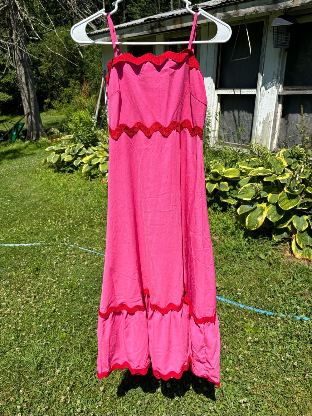 Pink Maxi Sundress with Red Trim